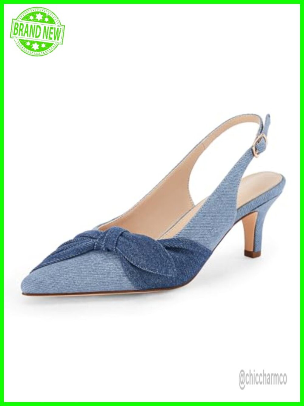 Denim Kitten Heels Slingback Pumps Closed Pointed Toe Dress Shoes